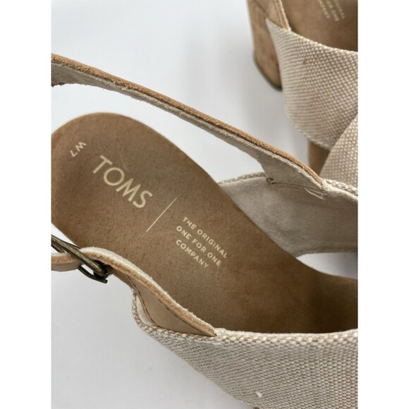 Toms Ibiza Sandals Khaki Canvas Women's 7 Platform Cork Heel Iridescent Thread - Picture 13 of 13